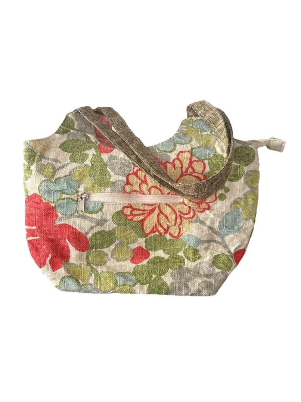 Berkshire Bags Purse Green Orange & White Flower Zipper Closure Clean! 14” x 9”